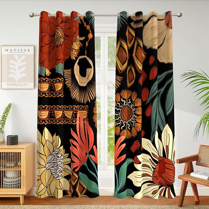 Tyrot 100% Blackout Black Boho Floral Curtains for Living Room 84 inch Long 2 Panels Farmhouse Mid Century Black Out Curtains for Bedroom Grommet Thermal Insulated Room Darkening Window Drapes,52Wx84L