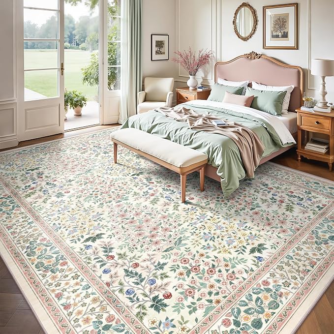 9x12 Area Rugs, Machine Washable Low Pile Floral Rugs for Living Room, Bedroom, Large Boho Area Rug with Non-Slip Backing for Dining Room(Pink Floral)