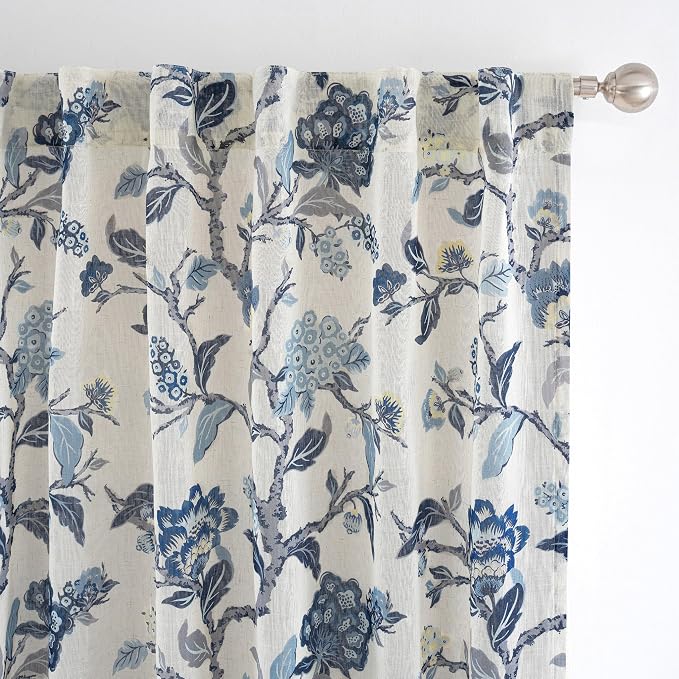 DriftAway Ada Floral Botanical Print Flower Leaf Lined Thermal Insulated Room Darkening Linen Blend 100% Blackout Back Tab Window Curtains 2 Layers Set of 2 Panels Each 52 Inch by 72 Inch Navy