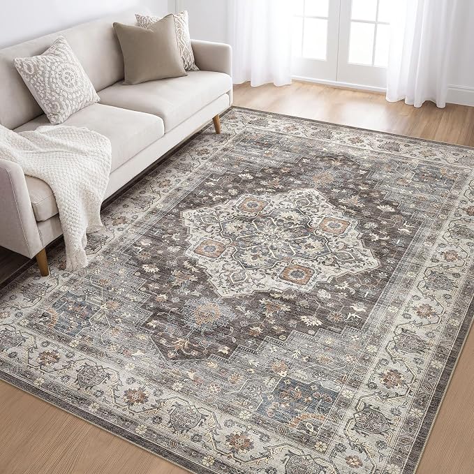 5x8 Area Rug Living Room: Washable Boho Large Neutral Vintage Soft Rug Stain Resistant Farmhouse Non-Slip Indoor Floor Carpet for Bedroom Nursery Kids Office Dining Room Playroom- Grey Brown