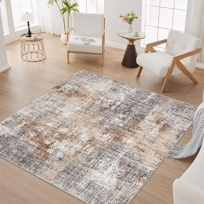 DMOYEST Square Area Rug Living Room Rugs - 6x6 Washable Large Soft Indoor Neutral Modern Abstract Low Pile Rug Carpet for Bedroom Dining Room Farmhouse Home Office - Grey Brown