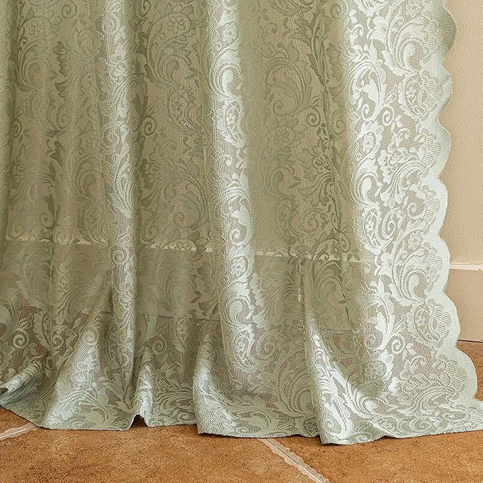 ALIGOGO Sage Green Sheer Curtains 72 Inches Long - Floral Boho Lace Curtains for Bedroom French Door Sliding Door, Vintage Privacy Scalloped Edges Easter Spring Summer Decor, 52 x 72 Inch, Light Green