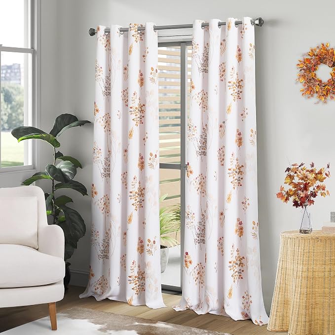 XTMYI Boho Earthy Floral Curtains - Watercolor Wildflower Print in Rust Burnt Orange and Mustard, Rustic Vintage Cottage Core Botanical Room Darkening Drapes for Bedroom Living Room Nursery