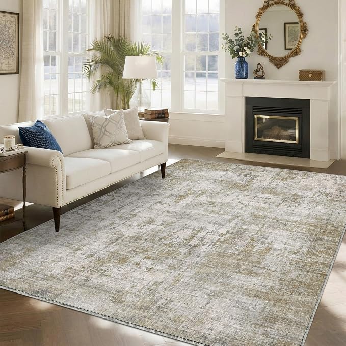 9x12 Area Rugs Washable Living Room Rug-No Slip Soft Carpets Modern Abstract Indoor Floor Stain Resistant Large Carpet for Bedroom Dining Room Farmhouse Nursery Home Office Tan