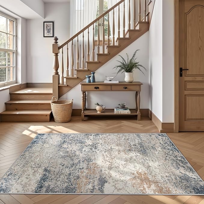 Art&Tuft Washable Rugs 3x5, Anti-Slip Backing Abstract 3x5 Area Rug, Stain Resistant Rugs for Living Room, Foldable Machine Washable Area Rug (3'x5', Blue)