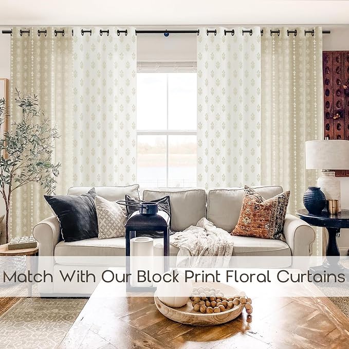 Coastal Boho Farmhouse Curtains for Living Room, Neutral Tan Beige and White Light Filtering Patterned Linen Drapes for Dining Room Bedroom 84 Inches Long