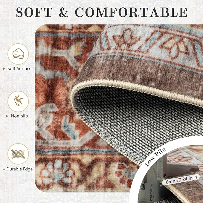 6x9 Area Rugs - Washable Vintage Retro Living Room Rug, Soft Ultra Thin Non Slip Low Pile Distressed Boho Traditional Carpet for Bedroom Dining Room Nursery Home Office, Rust Clay