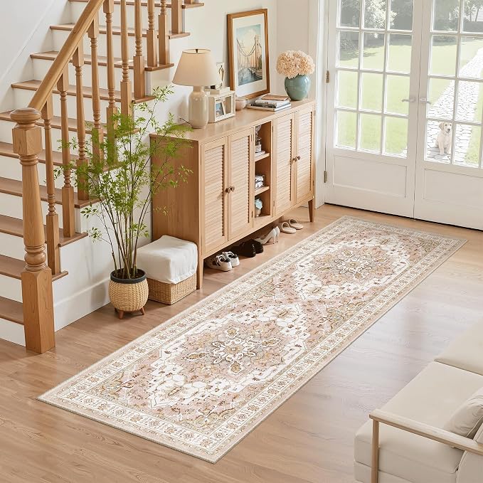 Madane Washable Runner Rug 2x6 Runners for Hallways Non Slip, Pink | Vintage Stain-Resistant 6 Feet Kitchen Rug, Soft Low-Pile Ultra-Thin Floor Carpet Mat for Bathroom Laundry Room Bedroom 2x6ft