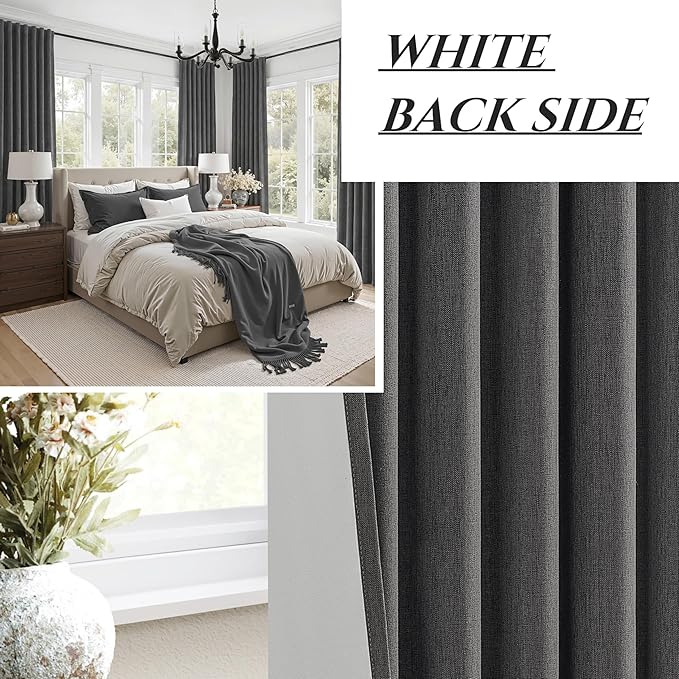 Dark Grey Linen Room Darkening Curtains 96 Inches Long 2 Panels Set for Sliding Glass Doors, Blackout Pleat Charcoal Gray Aesthetic Drapes Soundproof Privacy 8 FT Window Curtain for Office(50"Wx96"L)