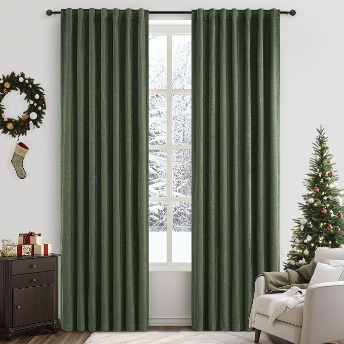 QJmydeco Elegant Blackout Curtains for Living Room Dark Olive Green Linen Blended Closet Cover Curtains 90 Inch Length 2 Panels Set Long Kitchen Drapes Back Tab/Rod Pocket/Hook Belt