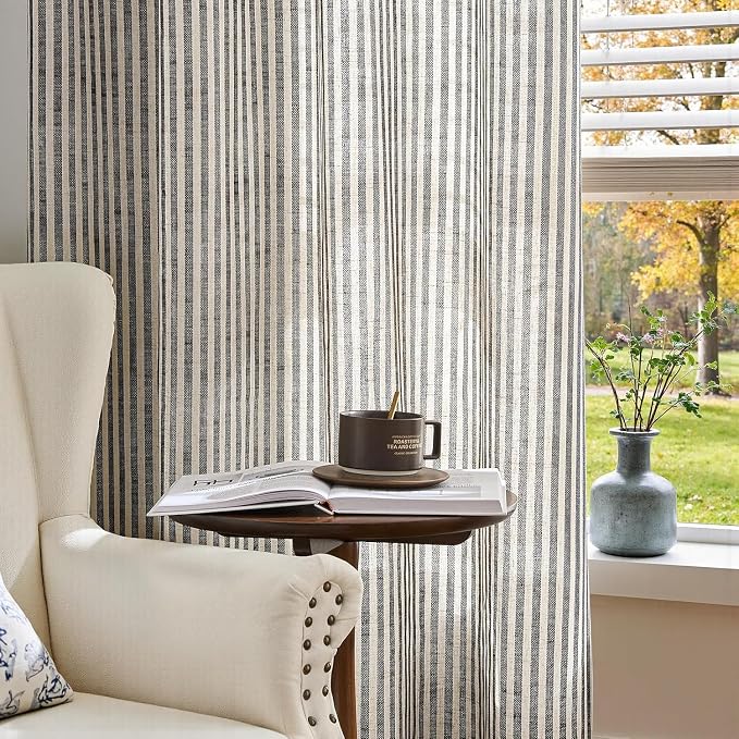 jinchan Linen Curtains 108 inch Black Stripe on Beige Grommet 2 Panels | Curtains for Living Room Bedroom,Ticking Stripe Pattern,Pinstripe Farmhouse Rustic,Window Treatment,Light Filtering