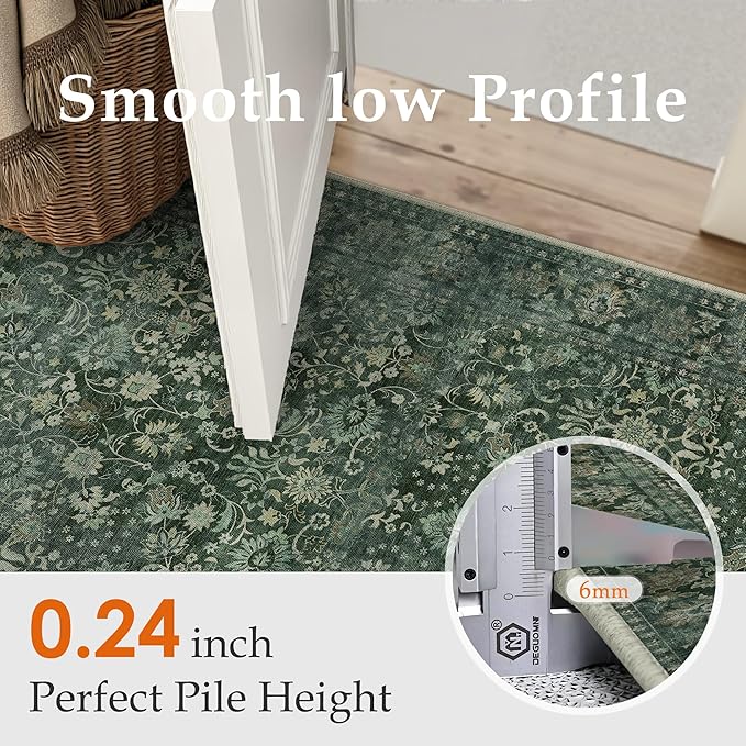 HUGEAR 5x7 Machine Washable Rugs Dark Green Hallway Area Rug Indoor Accent Rug Floral Low Pile Carpet Soft Throw Aesthetic Rug Bedroom Living Room Office Dining Room Kitchen Laundry Room Non Slip