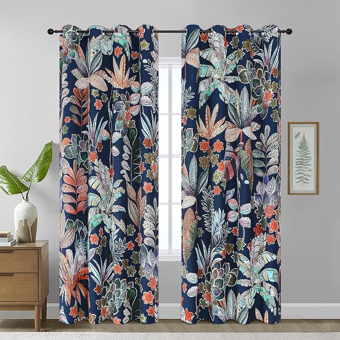 Estelar Textiler Navy Blue Blackout Curtains 96 inch Long 2 Panels for Bedroom, Leaf and Petal Pattern Room Darkening Thermal Insulated Window Grommet Drapes for Living Room,52Wx96L
