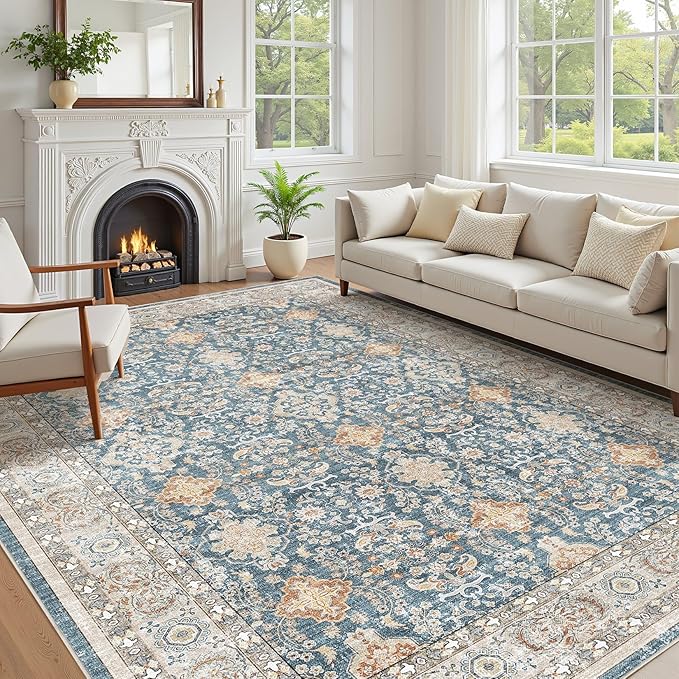 Vintage Living Room Area Rug 7x9 - Large Soft Washable Oriental Traditional Distressed Farmhouse Rugs for Bedroom - Indoor Floor Accent Carpet for Home Office House Decor - Dark Blue