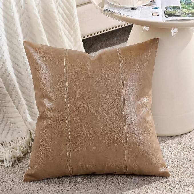 Fancy Homi Light Brown Boho Long Square Faux Leather Decorative Throw Pillow Covers 18x18 Inch for Living Room Couch Bed Sofa, Hand Stitched Cushion Case, Rustic Modern Farmhouse Home Decor