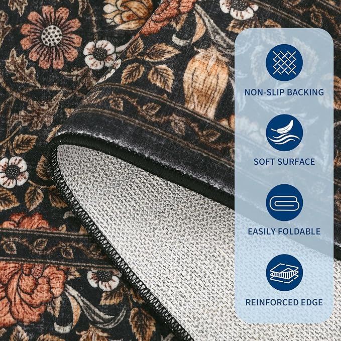 GarveeHome Brown Vintage Floral Small Rug 2x3 Door Mat Indoor Rugs for Entryway Washable Non-Slip TPE Backing Soft Low-Pile Rugs for Bathroom Bedroom Kitchen Entrance