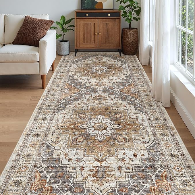 Madane 4x10 Wide Hallway Runner Rug Washable for Living Room, Turmeric/Grey | Soft Stain Resistant Ktichen Runners 10ft, Vintage Non Slip Low Pile Area Rugs, Thin Floor Carpet for Bathroom Dining Bedroom
