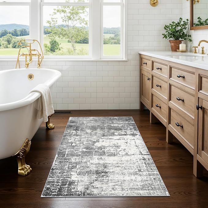 Washable 2x3 Entryway Area Rugs: Abstract Water Resistant Kitchen Rug Non-Slip Durable Doormat for High-Traffic Area Soft Bedroom Beside Carpet Indoor Low Pile Floor Mat for Families(2x3,Black/Grey)