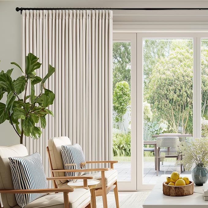 Pinch Pleated Blackout 90 Inch Bedroom Curtains 70 Inch Wide Linen Dual Layer Soundproof Farmhouse Window Curtains for Living Room Cream Natural Hooks Rings Back Tab 100% Black Out Drapes 1 Panel