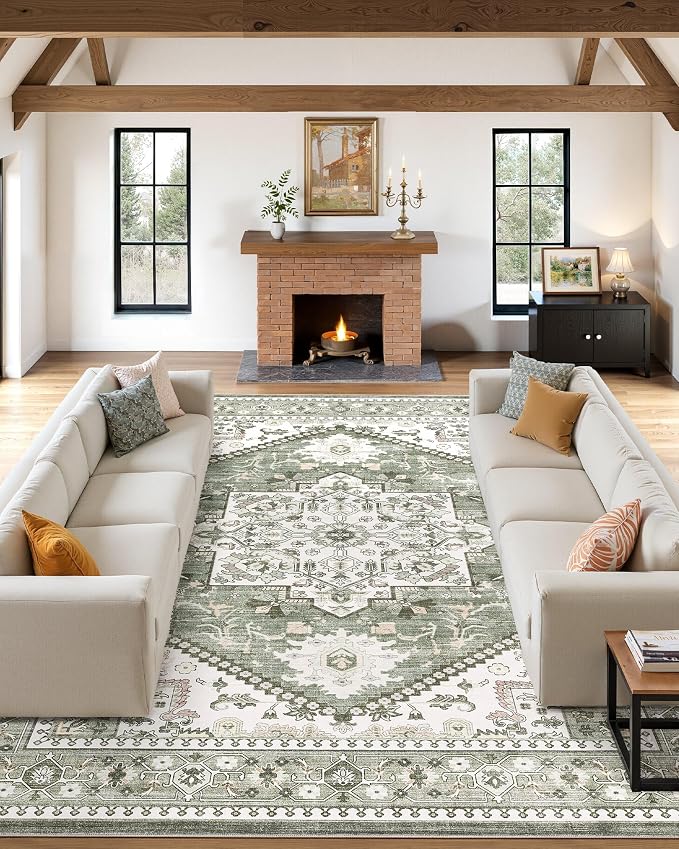 6x9 Vintage Area Rug: Washable Neutral Soft Non Slip Thin Large Floor Carpet for Living Room Bedroom Kitchen Dining Room Home Office Farmhouse Indoor - Green