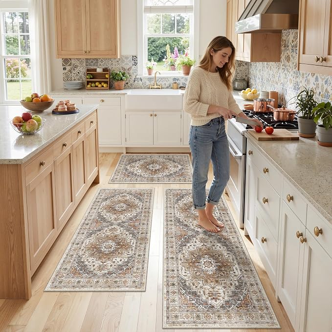 Madane Washable Kitchen Rug Set of 3 Small Area Rugs Non-Slip Turmeric/Grey | Vintage Hallway Entryway Door Mat Indoor Entrance Low Pile Floor Carpet Runner for Inside Front Entry Laundry 2x3+2x4+2x5