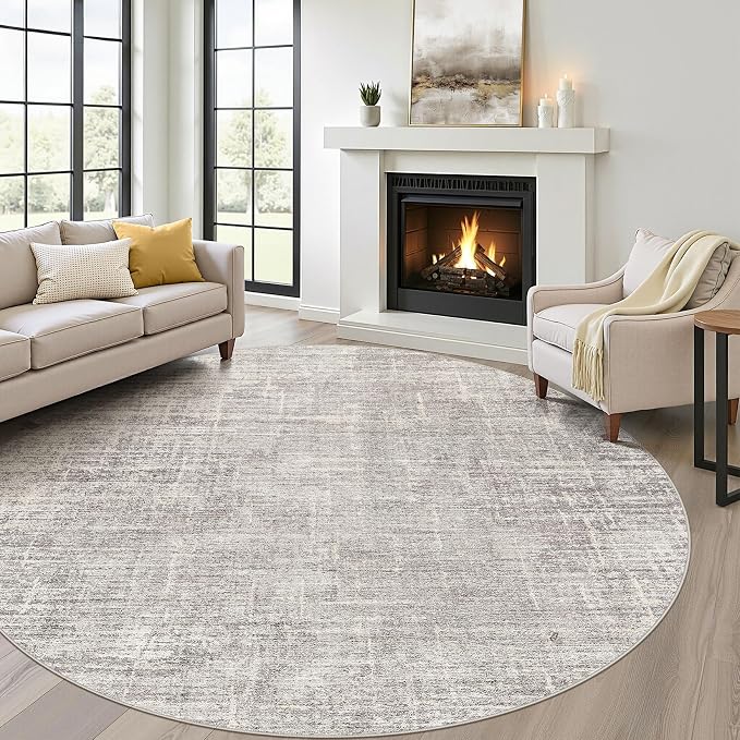 7ft Round Rug Living Room: 7x7 Washable Large Neutral Circle Area Rug Abstract Soft Modern Stain Resistant Indoor Floor Non-Slip Carpet for Bedroom Nursery Kids Office Playroom Dining Room- Brown Gray