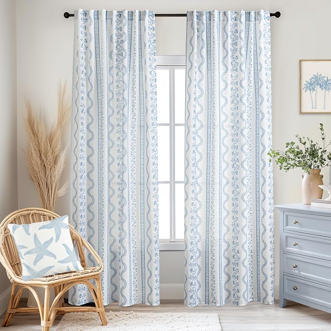 Light Blue and White Sheer Floral Linen Curtains 96 Inches Long 2 Panels Set,Dusty Blue Nautical Beachy Pattern Printed Light Filtering Window Treatments for Living Room Bedroom