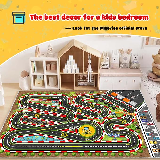 Kids Racing Rug 31''X47'' Car Road Kid Rug Carpet Playmat for Playoom Traffic Road Kid Play Mat for Bedroom，Kids Educational City Traffic Road map Fun Carpet (Brown)