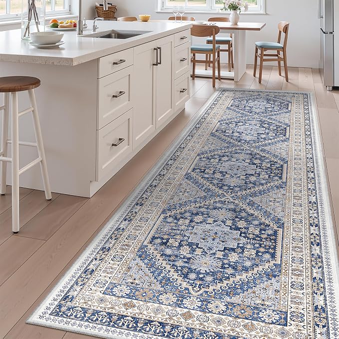 zesthome 3x12 Runner Rug for Hallway, Non-Slip Long Bathroom Rugs Runner for Kitchen, Bedroom, Soft Vintage Abstract Washable Rug for Entryway, Thin Floor Mat for Dining Room(Blue/Beige,3'x12')