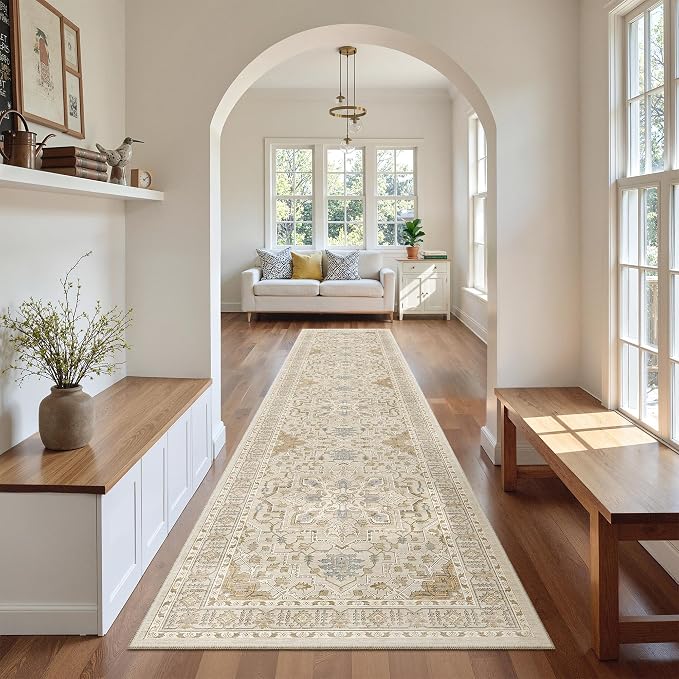 Madane Hallway Runner Rug 2'6''x12' Kitchen Runners Vintage, Beige/Blue | Non-Slip Washable Rugs 12ft for Laundry Room, Entryway and Bedroom, Soft Low Pile Stain-Resistant Wide 2.5x12 Ft Floor Carpet