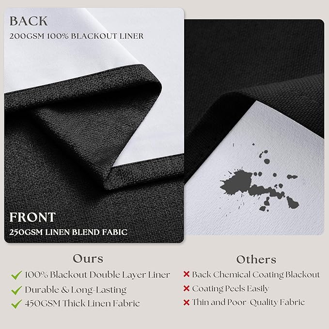 Pinch Pleated Blackout Curtains 102 Inches Long for Bedroom 100% Black Out Thick Linen Dual Layer Pinch Pleat Drapes with Back Tab Farmhouse Modern Black 102 Inch Curtain for Dining Living Room