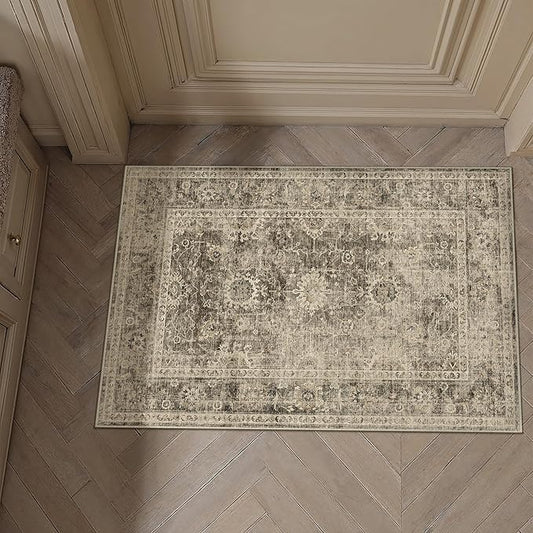 2x3 Washable Area Rug for Entryway Brown Vintage Non-Slip Low Pile Distressed Rustic Carpet Door Mat Soft Small Throw Rug for Indoor Entrance Bathroom
