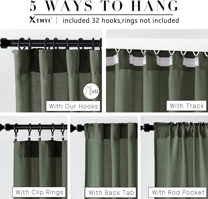 XTMYI Olive Green Linen Curtains, Light Filtering Sheer Window Treatments, Boho Floor to Ceiling Curtains for Bedroom Aesthetic Living Room, 84 Inches Long, 2 Panels Set