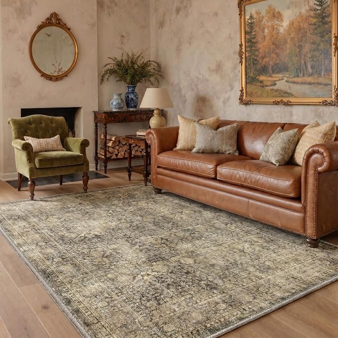 Bavni Washable Rugs 8x10 Machine Washable Rug Lightweight Low Pile, Vintage Floral Rug Non-Shedding Distressed Throw Carpet for Living Room Bedroom Office, Brown