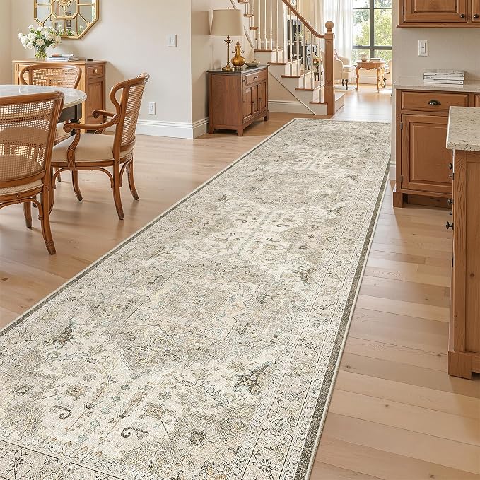 Madane Hallway Runner Rug 3x12 Washable Kitchen Runners 12ft, Ivory/Brown | Vintage Non Slip Area Rugs for Hallways, Soft Low-Pile Thin Farmhouse Wide Floor Carpet for Entryway Foyer Bathroom Bedroom