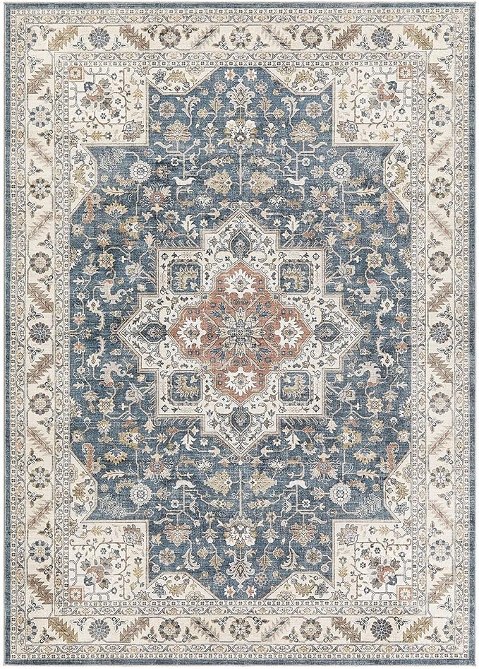 Vintage Living Room Area Rug 8x10 - Large Soft Washable Oriental Traditional Distressed Farmhouse Rugs for Bedroom - Indoor Floor Accent Carpet for Home Office House Decor - Vintage Blue