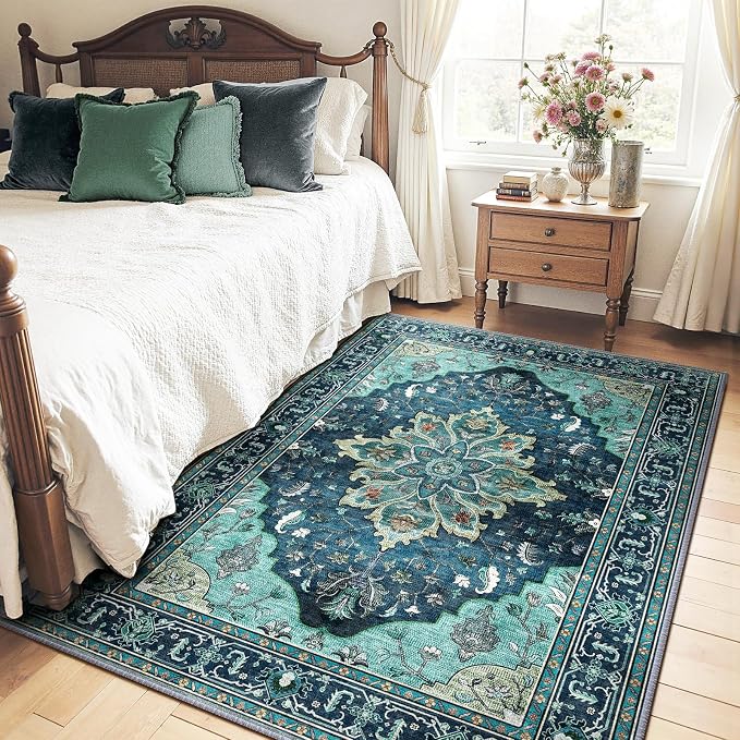 RELEANY Area Rugs 5'x7' Washable Non-Slip, Floral Vintage Distress Medallion Carpet for Living Room Bedroom Dining Room, Teal Green Lake Blue Turquoise