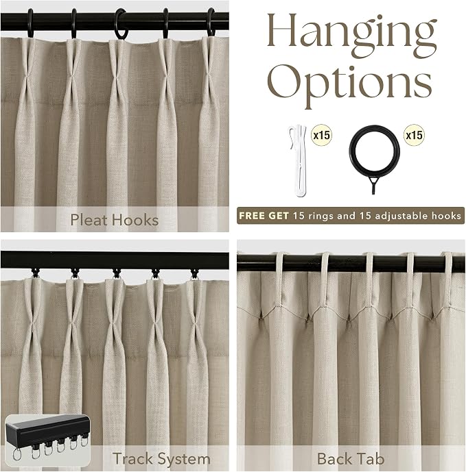 Taupe Linen Curtains 108 inch Length 2 Panels for Living Room Light Filtering Semi Sheer Pleated Curtains with Hooks Burlap Textured Neutral Country Rustic Curtain Drapes Ceiling Floor Extra Long 108