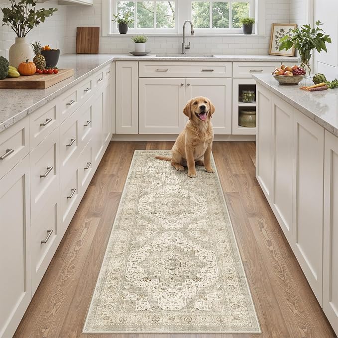 Roxstand Washable 2x6 Hallway Runner Rug, Ivory/Beige | Low-Pile Carpet, Non-slip Backing,6ft Runner, Stain Resistant, Runner for Kitchen, Laundry Room, Entryway, Vintage Design