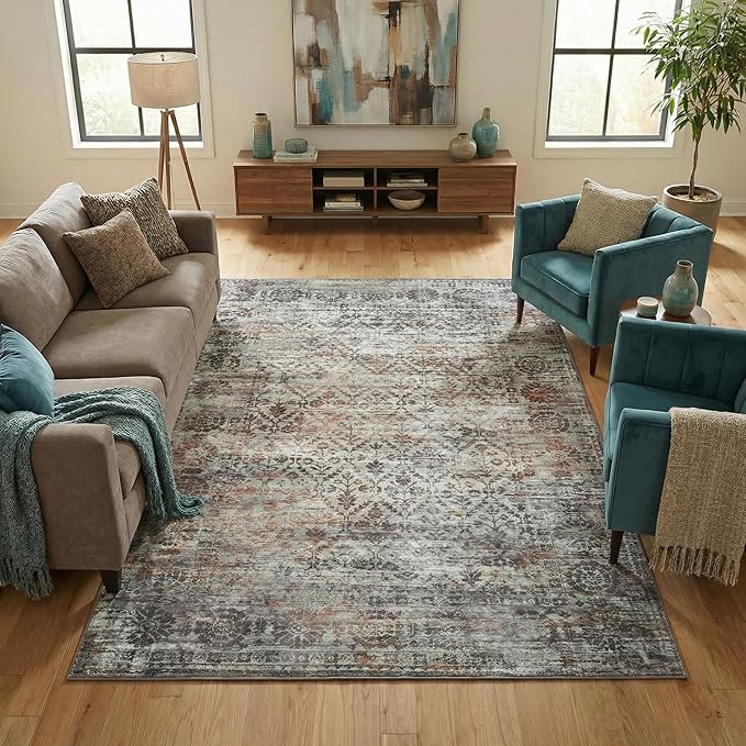 Superior Indoor Large Area Rug, Non-Slip Back, for Kids or Pets, Entry, Living Room, Kitchen, Dorm, Bedroom, Hallway, Machine Washable, Floor Cover, Diamond Lattice, Macaw Collection, 5' x 7', Cream