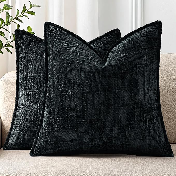 decorUhome Chenille Throw Pillow Covers 26x26 Set of 2, Soft Textured Slubby Modern Decorative Pillow Covers with Elegant Design for Couch, Sofa, Living Room, Black
