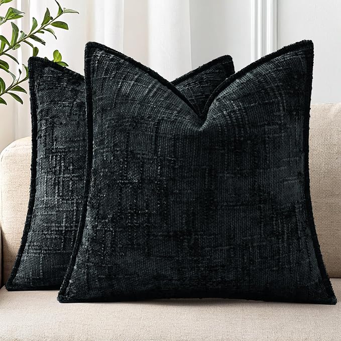 decorUhome Chenille Throw Pillow Covers 18x18 Set of 2, Soft Textured Slubby Modern Decorative Pillow Covers with Elegant Design for Couch, Sofa, Living Room, Black