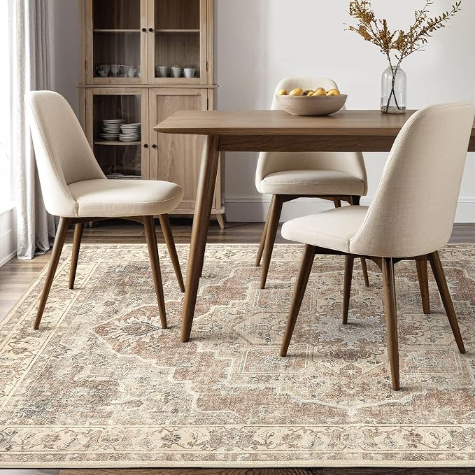 9x12 Washable Area Rug: Vintage Neutral Soft Non Slip Thin Large Floor Carpet for Living Room Bedroom Kitchen Dining Room Home Office Farmhouse Indoor - Beige Brown