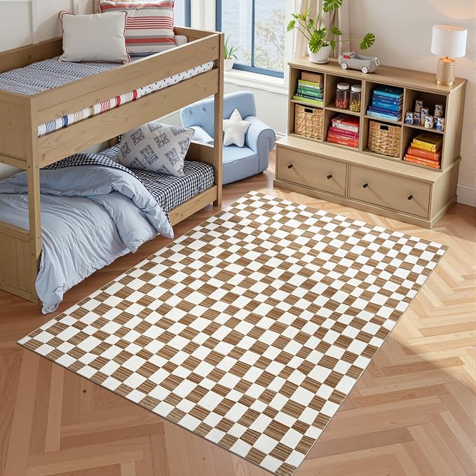 jinchan 5x7 Brown Checkered Area Rugs for Kids Room - Machine Washable Rug Modern Neutral Geometric Lattice Soft Non-Slip Carpet for Nursery Playroom Classroom Living Room Bedroom Home Office