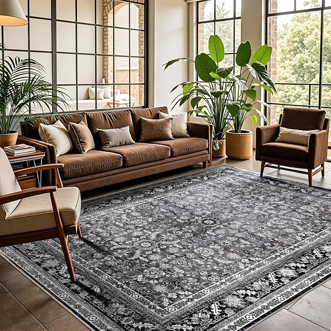 OPPODREAM Vintage Black Area Rugs 6x9, 6 x 9 Retro Washable Rug Non Slip, Low-Pile Faux Wool Carpet, Distressed Floor Mat for Living Room, Bedroom, Kitchen, Office, Dorm, Dinning Room