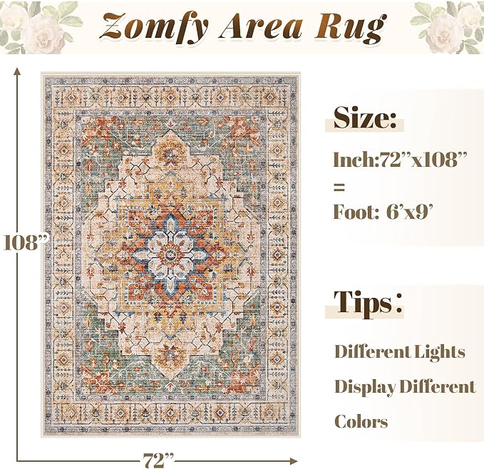 Area Rug 6x9 Vintage Rug: Washable Indoor Medallion Rugs Low Pile Distressed Floor Carpet Retro Accent Rug for Living Room Bedroom Kitchen Dining Table Home Office(Green/Yellow, 6'x9')