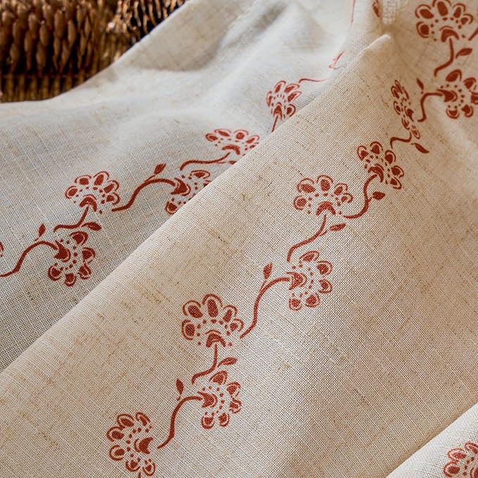 jinchan Katy Linen Floral Kitchen Curtains 24 Inches Length Stripe Cafe Curtains Farmhouse Cottagecore Tier Small Window Drapes for Living Room Light Filtering Rod Pocket 2 Panels Terracotta on Linen
