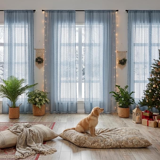 WAZZIO Boho Lace Curtains 84 Inches 2 Panel,Light Filtering Privacy Tassel & Geometry Crochet Semi Sheer Curtain Drapes for Bedroom Living Dining Room,Rod Pocket & Tassel,Light Slate Blue