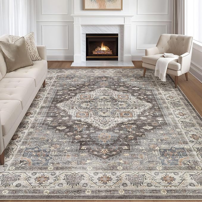 10x13 Area Rug Living Room: Washable Boho Large Neutral Vintage Soft Rug Stain Resistant Farmhouse Non-Slip Indoor Floor Carpet for Bedroom Nursery Kids Office Dining Room Playroom- Grey Brown