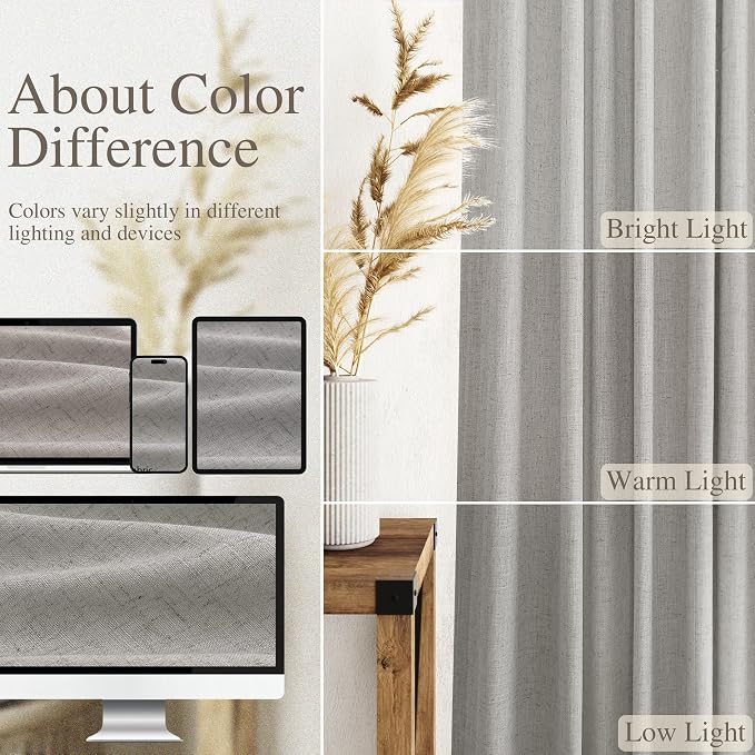 Nanspring Light Gray Linen Curtains 90 Inches Long for Living Room Simple Modern Farmhouse Linen Coastal Decor Back Tab Rod Pocket Light Filtering Semi Sheer Grey Curtain for Bedroom 52x90, 2 Panels